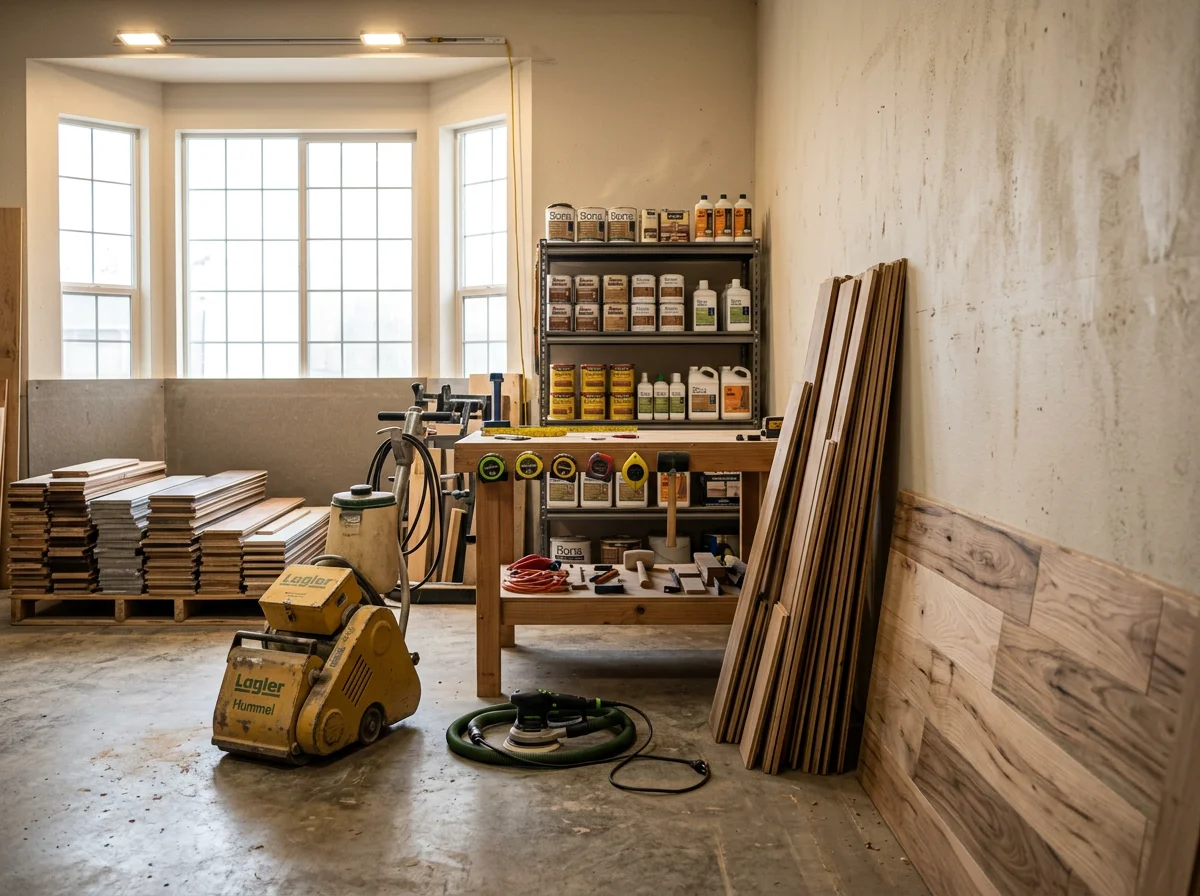 Flooring installation workspace with tools and materials ready for hardwood and laminate projects.