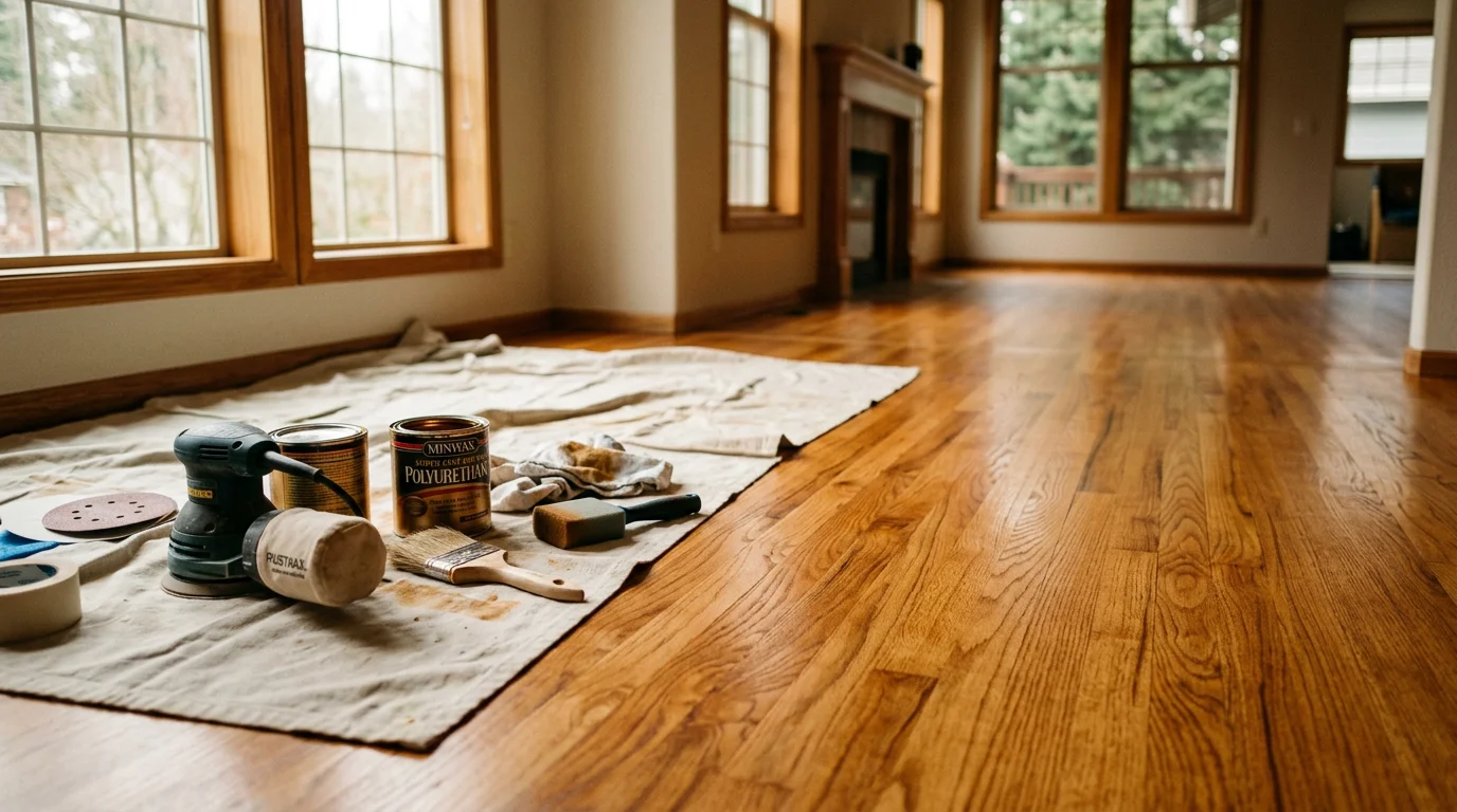 Professional hardwood floor sanding equipment in action on a residential floor