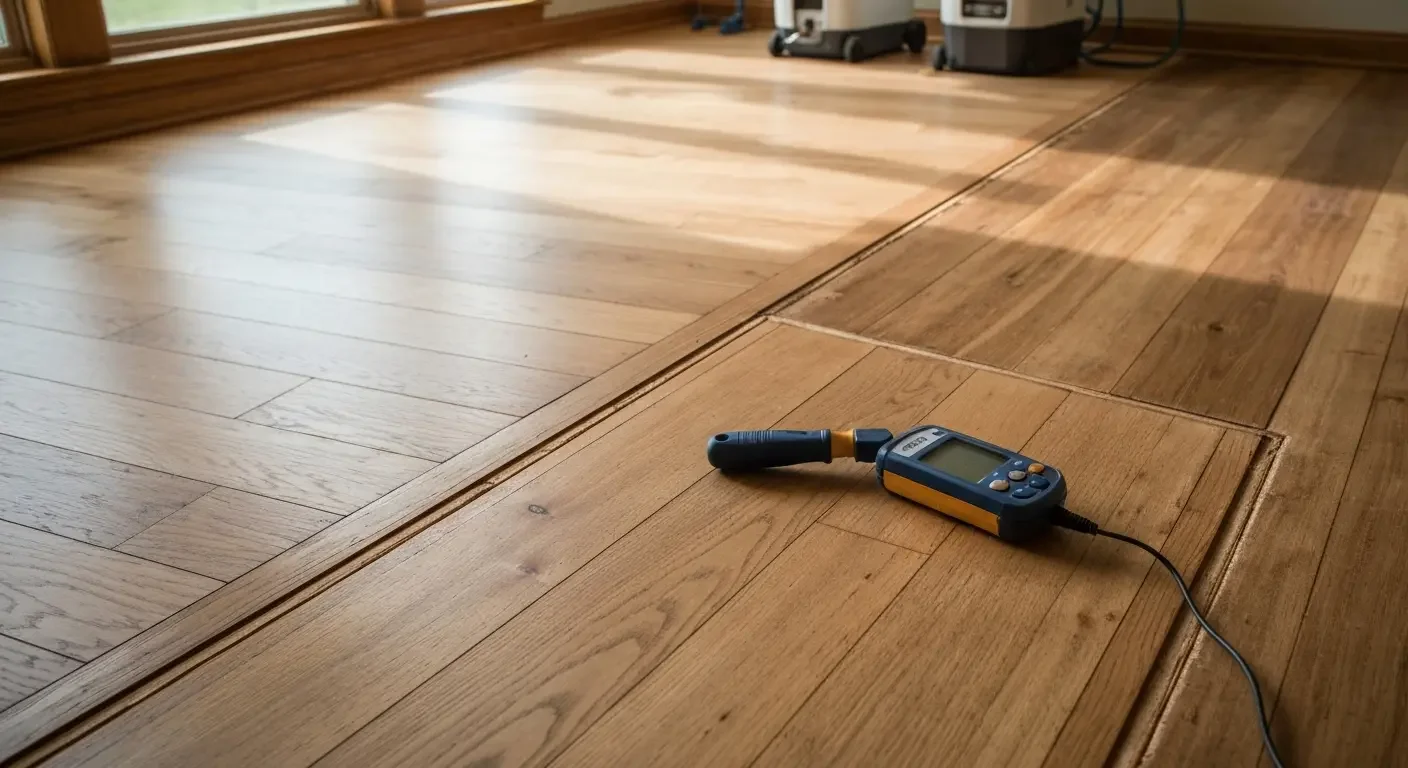 Hardwood plank flooring with moisture meter during installation quality check