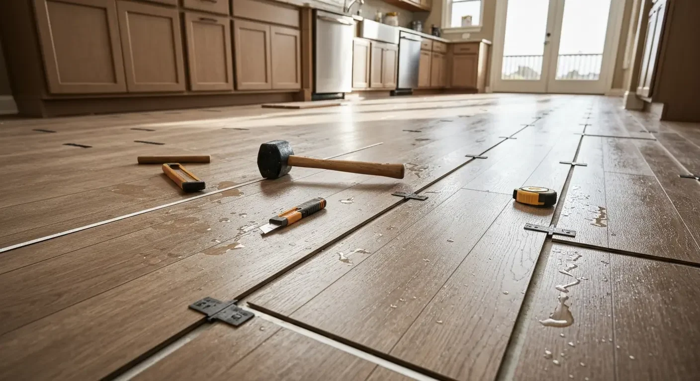Wide-plank hardwood flooring installation with layout tools and electrical outlet integration