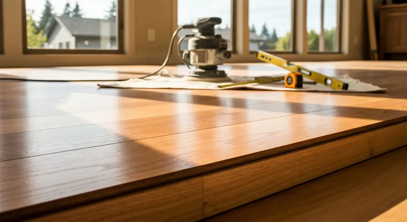 Newly installed hardwood flooring with orbital sander and level tool on finished wood planks