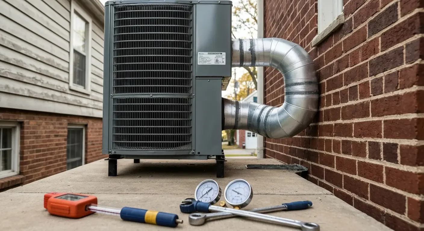 Heat pump unit with metal ductwork, pressure gauges, and installation tools on concrete pad