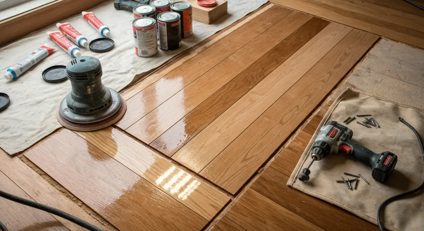 Hardwood floor sanding and staining with orbital sander, stain cans, and finishing supplies