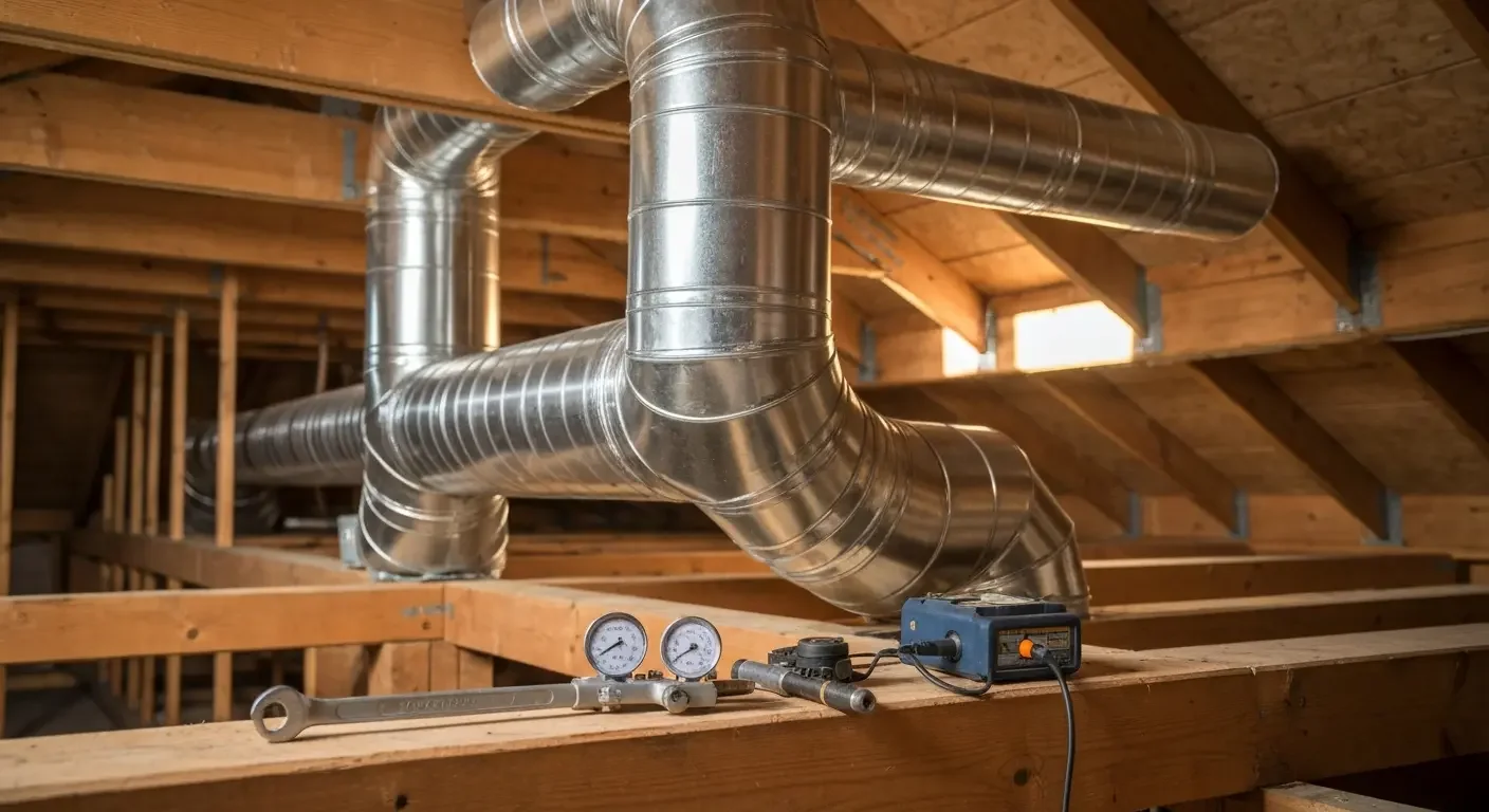 Spiral metal ductwork with pressure gauges installed in timber-framed ceiling structure