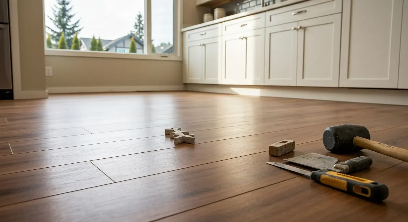 Medium-tone hardwood flooring installation with staggered plank layout and installation tools on floor