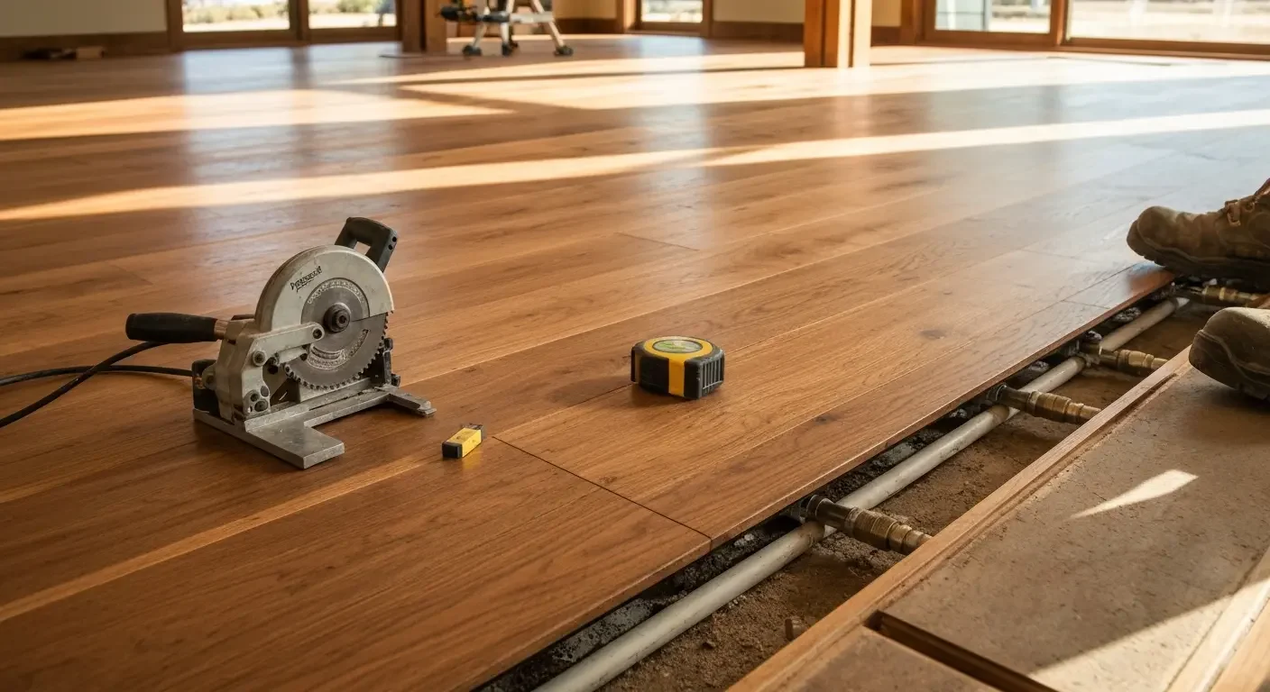 Hardwood floor installation in progress with circular saw, tape measure, and radiant heating system visible