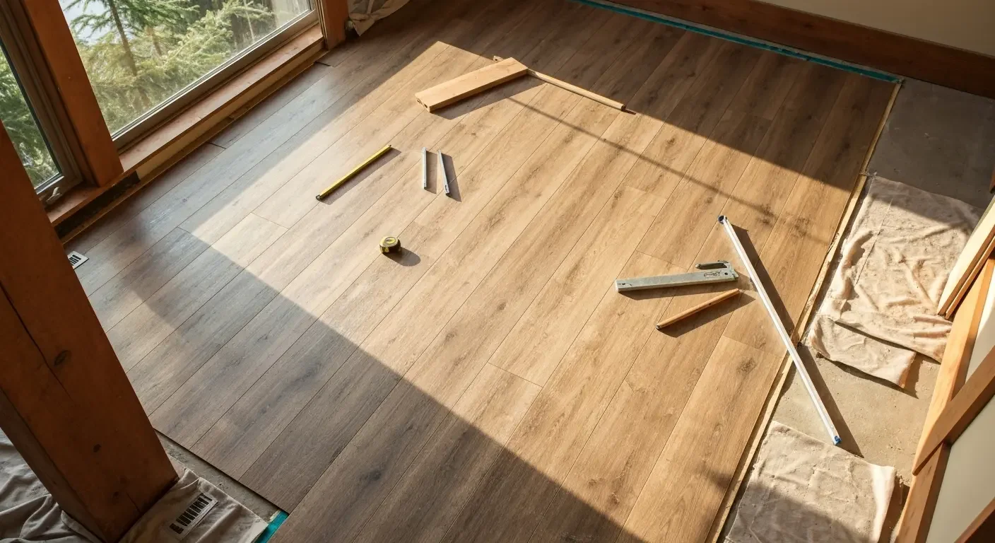 Luxury vinyl plank flooring installation in progress with wood-tone planks and visible seams