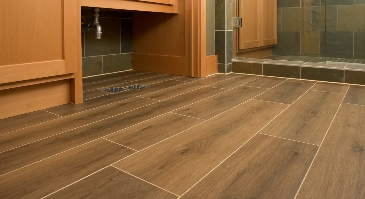 Wood-look porcelain tile flooring with running bond pattern and slate tile shower surround in bathroom