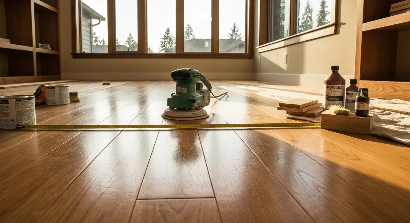 Hardwood floor sanding and finishing with orbital sander, stain, and finishing products on wide-plank wood flooring