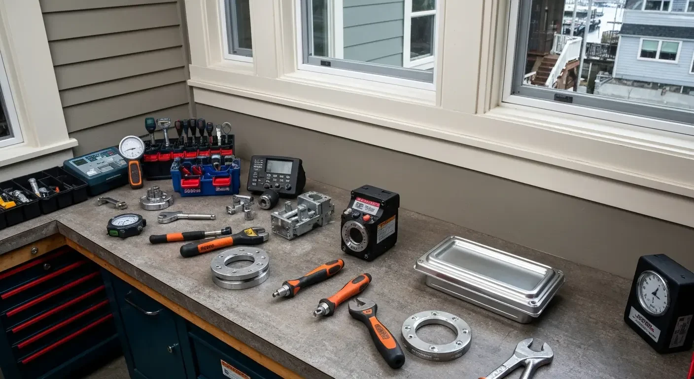 Concrete countertop with flooring tools, measuring instruments, and professional equipment organized on work surface