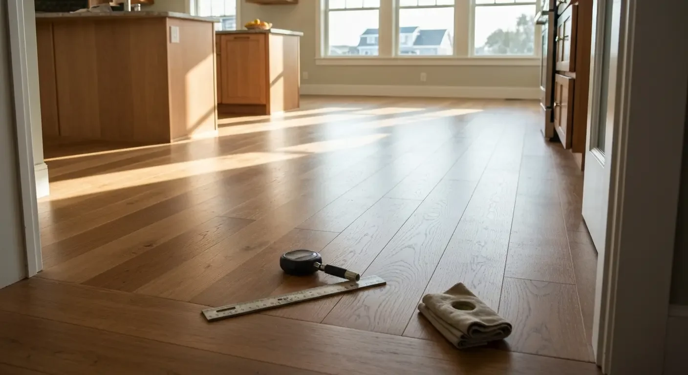 Wide-plank hardwood flooring installation in progress with measuring tools and cloth on finished wood floor