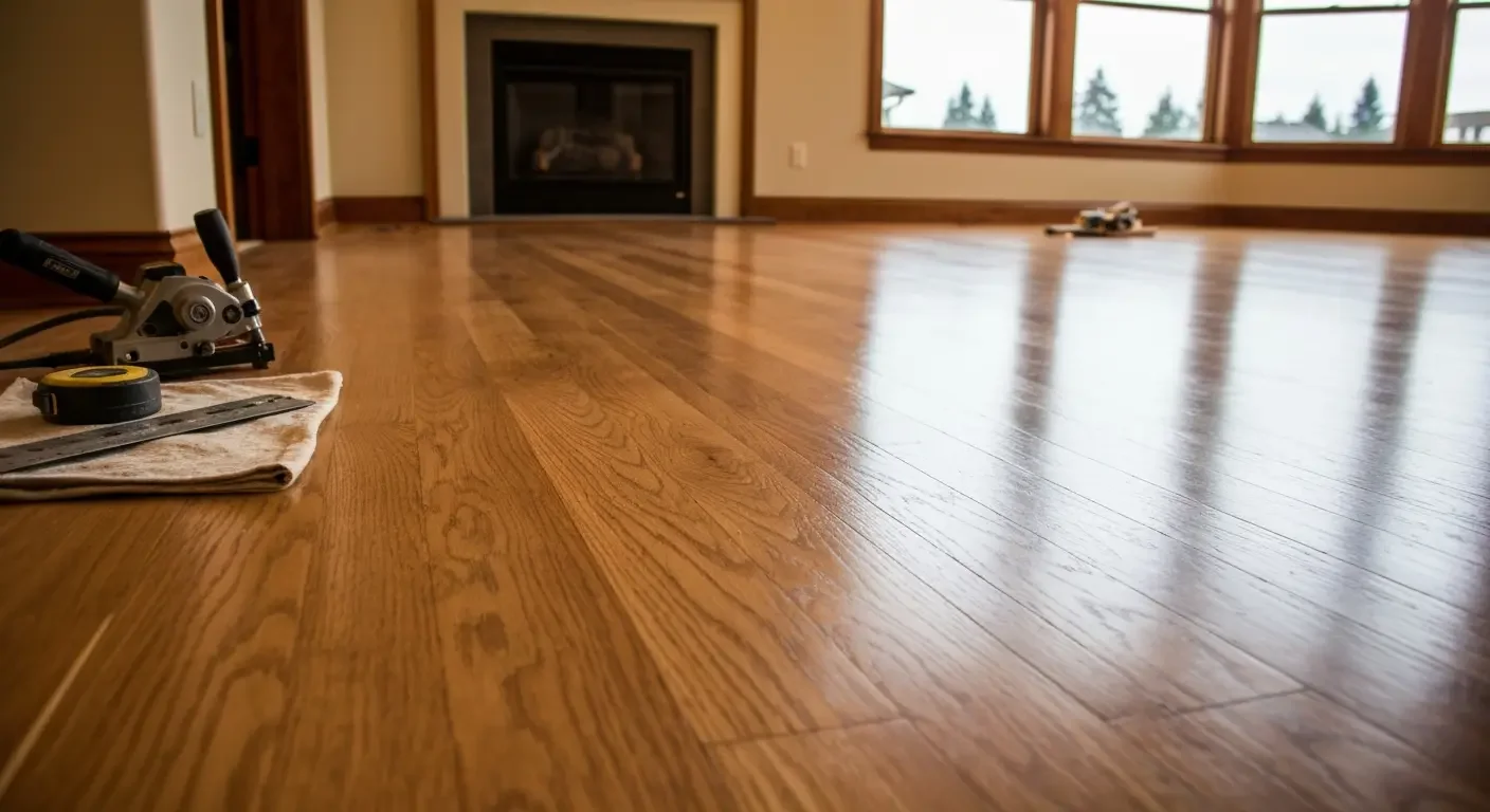 Oak hardwood floor with high-gloss finish, sanding equipment visible, large open room with fireplace