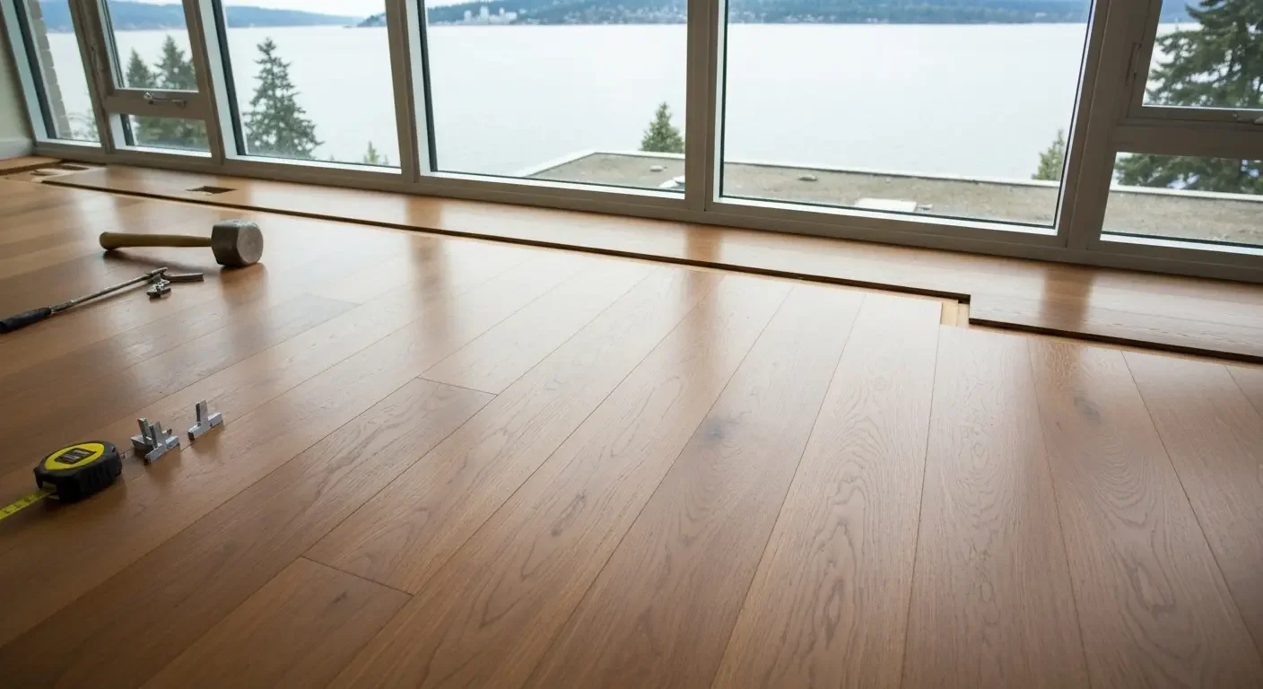 Wide-plank hardwood flooring installation with staggered layout pattern and installation tools
