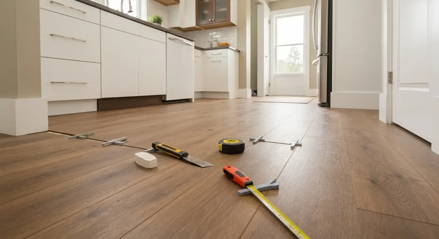 Hardwood flooring installation in progress with measuring tools and wood planks in kitchen