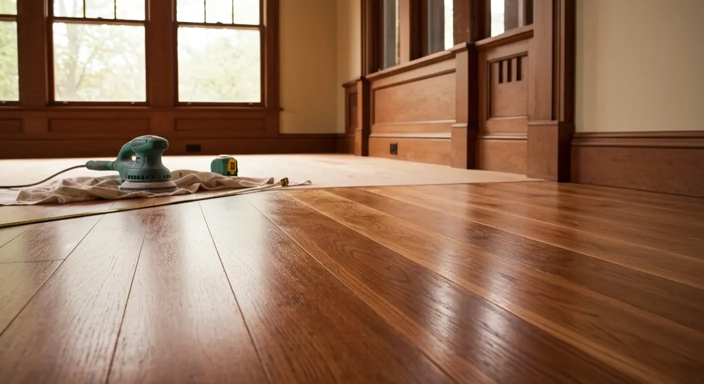 Newly installed hardwood flooring with orbital sander and measuring tape on site
