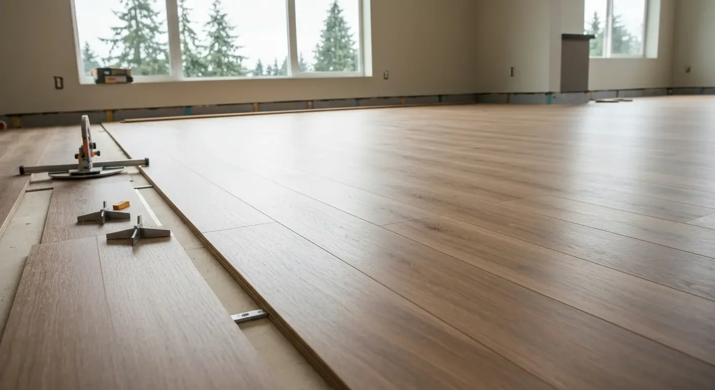 Wide-plank hardwood flooring installation in progress with spacers and installation tools visible
