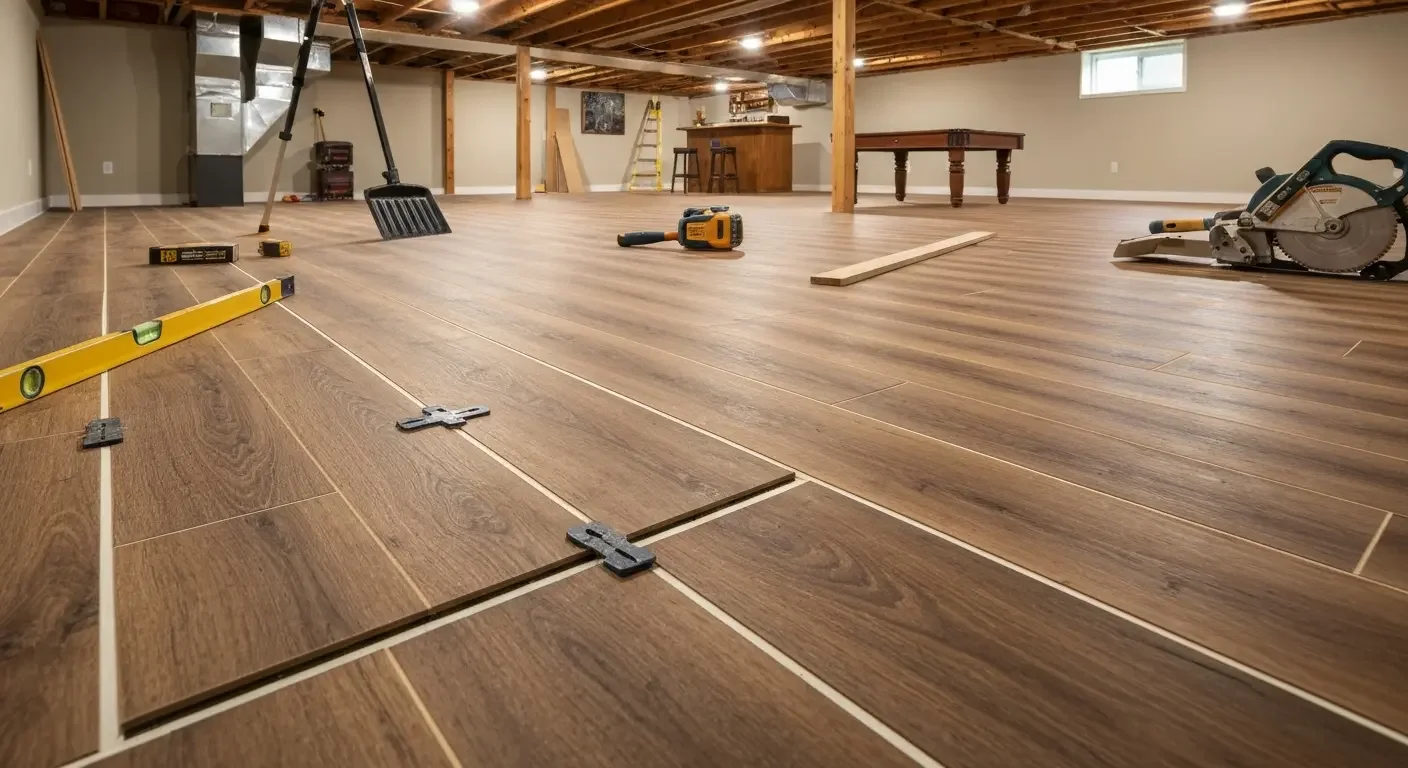 Luxury vinyl plank flooring installation in progress with spacers and level tools on wood-tone planks