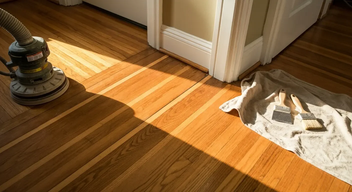 Refinished hardwood floors with orbital sander and protective coverings during finishing process