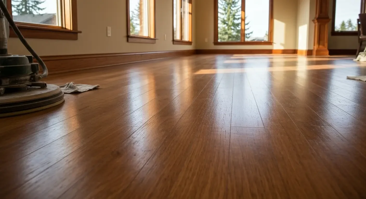 Polished hardwood floor with rich dark stain and glossy finish, wood trim baseboards