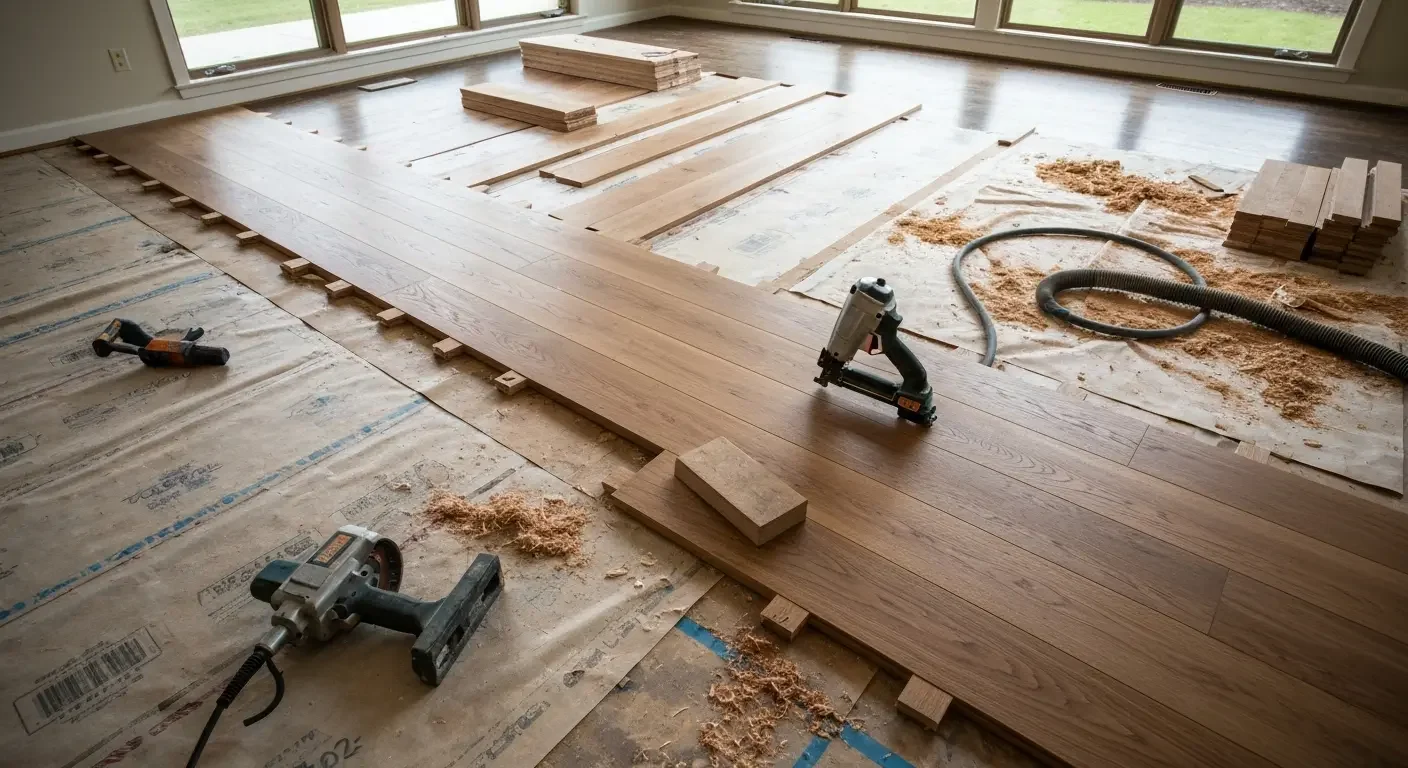 Hardwood floor installation with wide planks, pneumatic nailer, and dust collection hose on subfloor