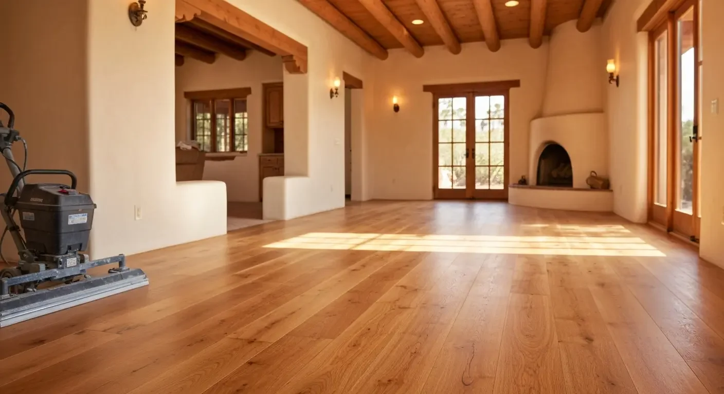 Wide-plank hardwood flooring installation in open room with exposed beams and arched fireplace