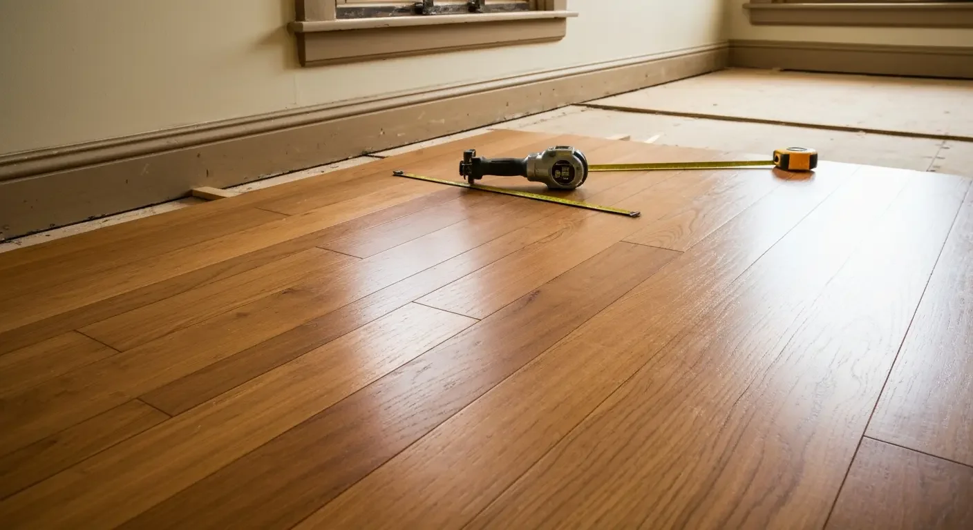 Engineered hardwood flooring installation with measuring tools and tape measure on wood planks