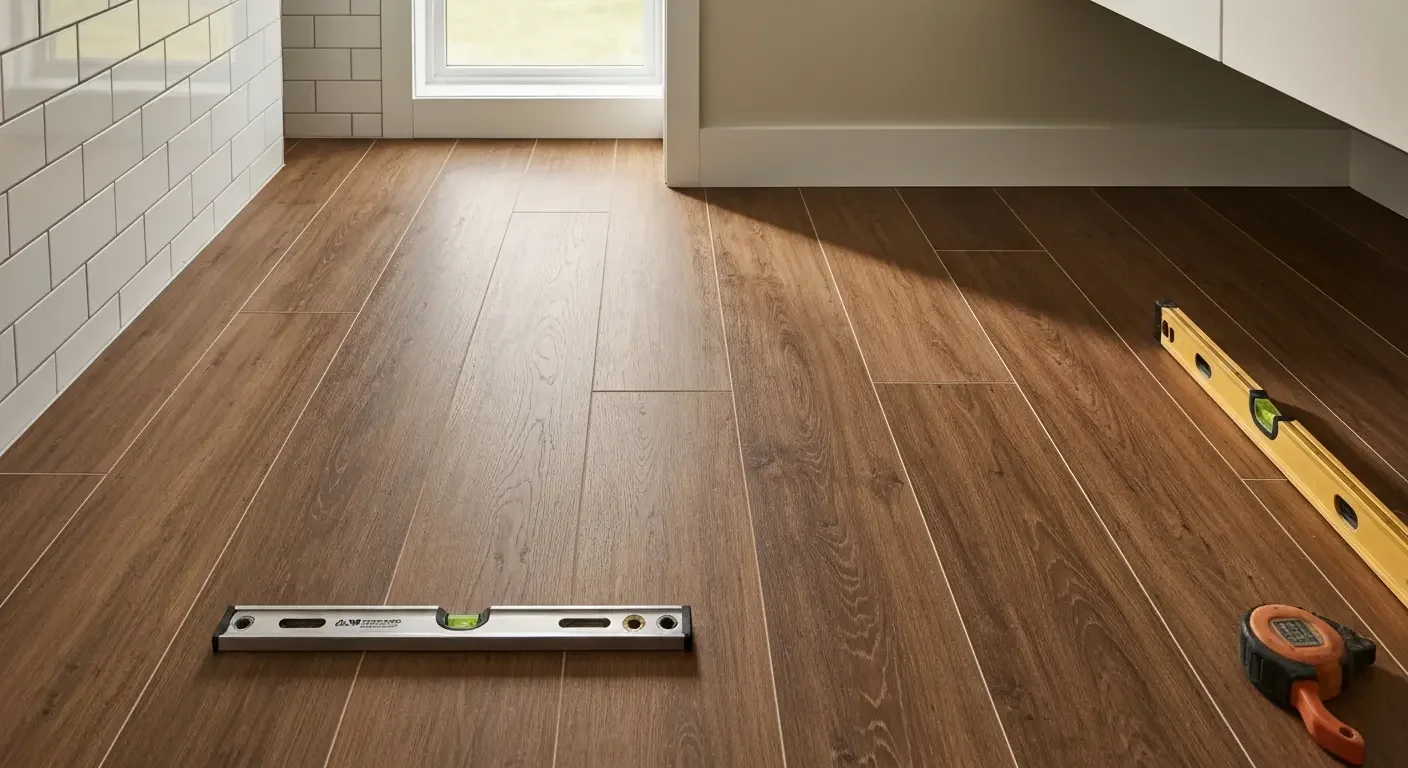 Wood-look laminate flooring installation with level and measuring tools on floor