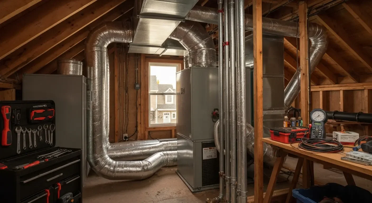 Insulated metal ductwork and HVAC unit installed in attic with wood framing and exposed piping
