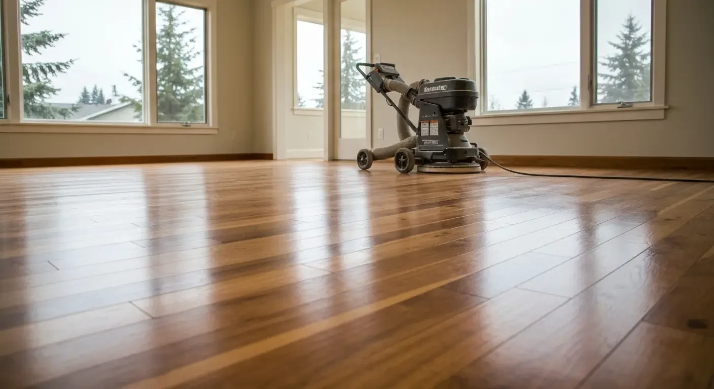 Polished hardwood floor with glossy finish, wide-plank boards, machine buffing equipment in progress