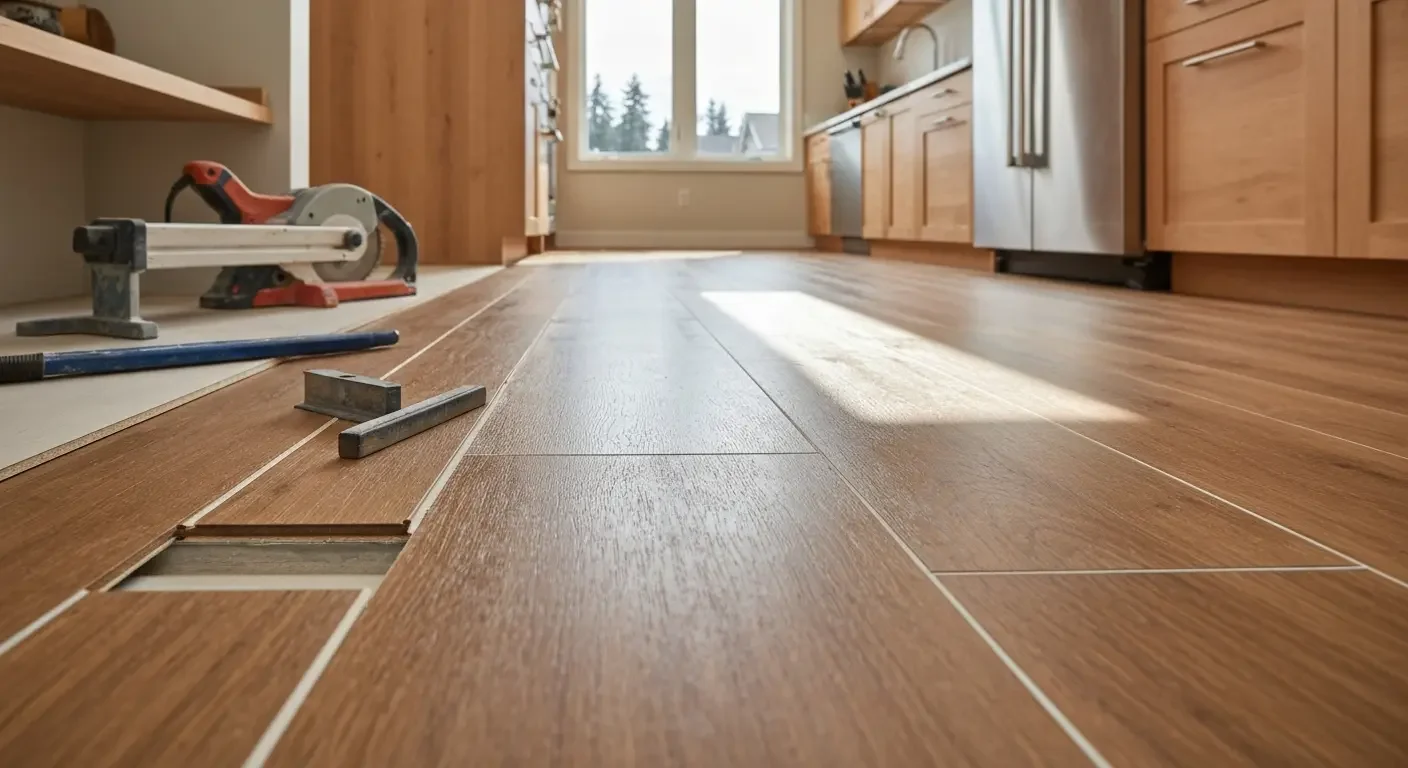 Engineered hardwood flooring installation in progress with tools and partially laid planks in kitchen