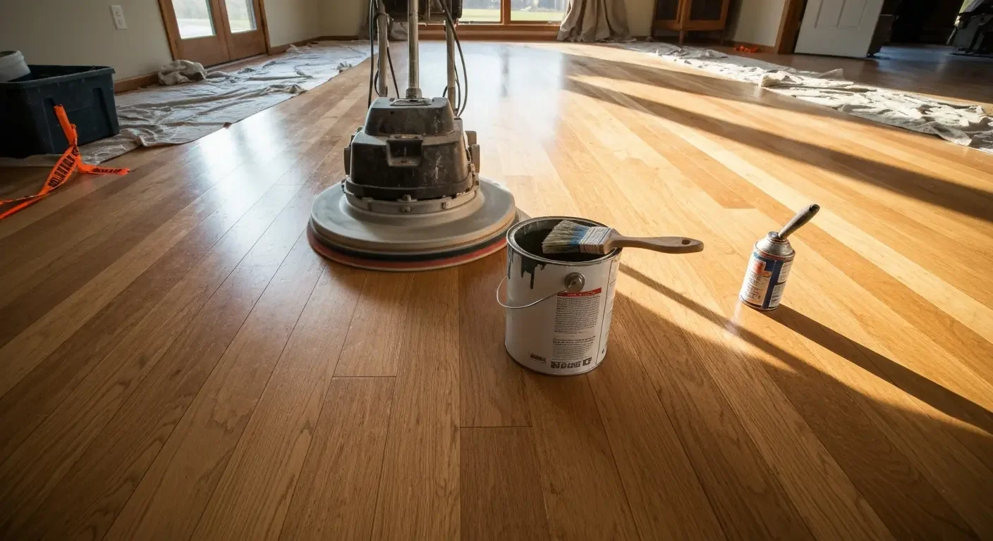 Commercial floor buffer on hardwood with finish bucket and brush during refinishing work
