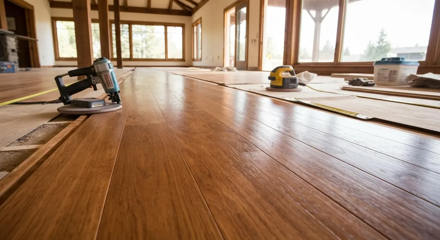 Wide-plank hardwood flooring installation with sanding equipment and natural wood grain finish