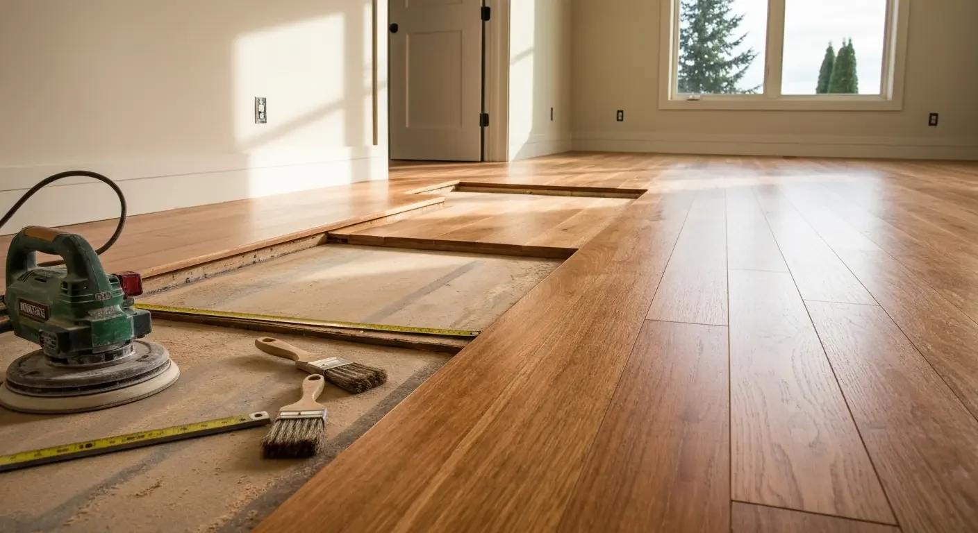 Hardwood floor installation with wide planks, sanding equipment, and preparation work on subfloor