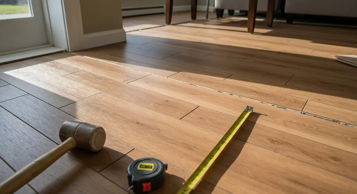 Hardwood flooring installation in progress with multiple wood species, measuring tools visible on light oak planks