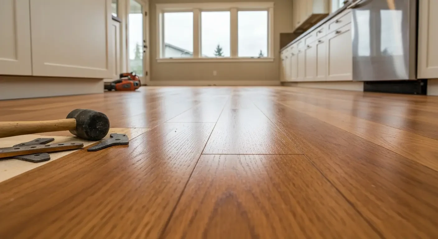 Newly installed hardwood flooring with installation tools and sanding equipment in bright room