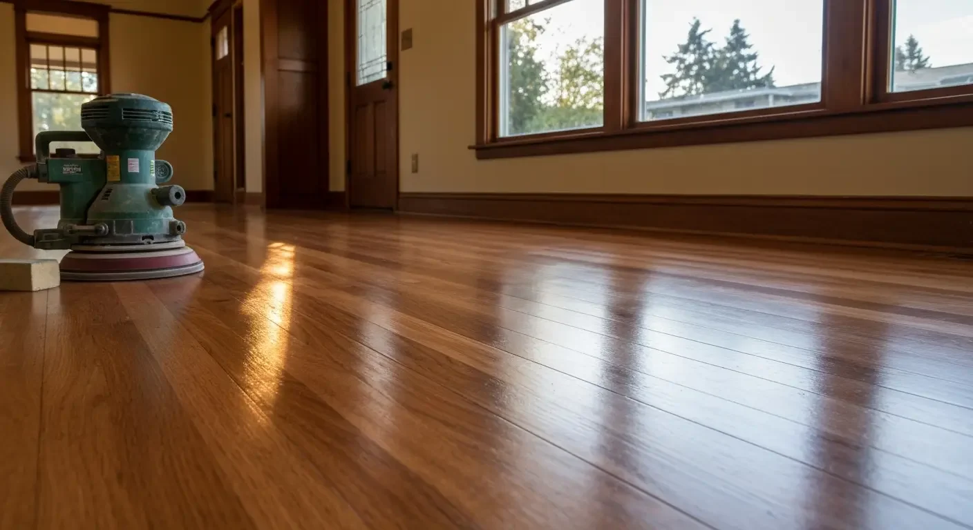 Orbital sander on refinished hardwood floor with warm wood grain and satin finish in bright room