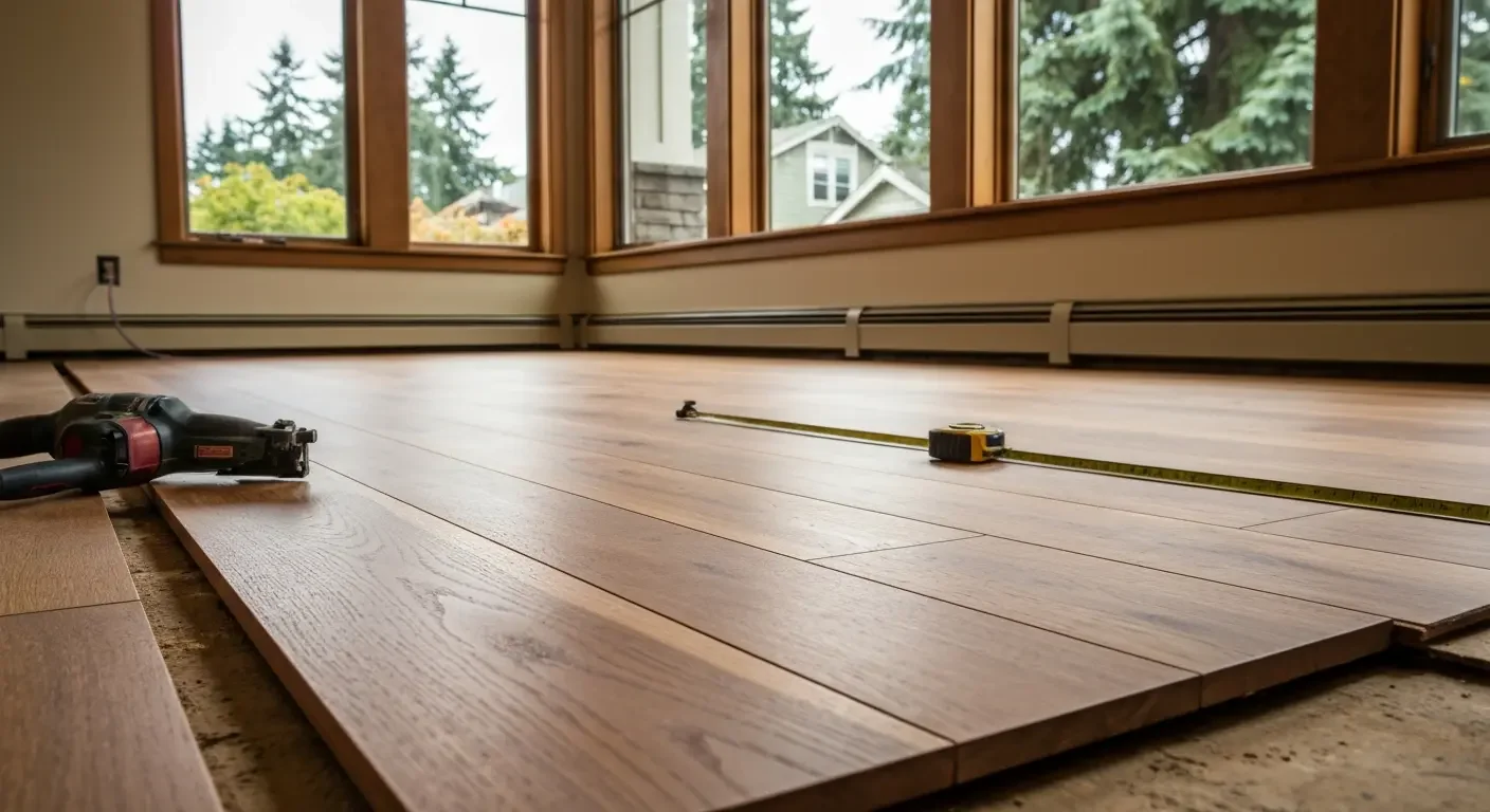 Wide-plank hardwood flooring installation in progress with measuring tools and baseboard trim