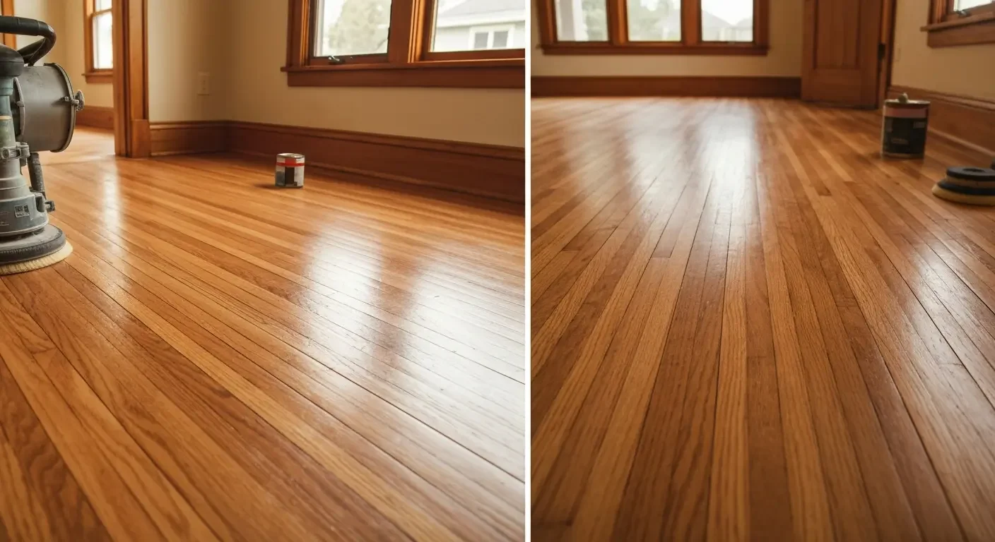 Refinished hardwood floor with warm honey tones, sanded and sealed with glossy finish