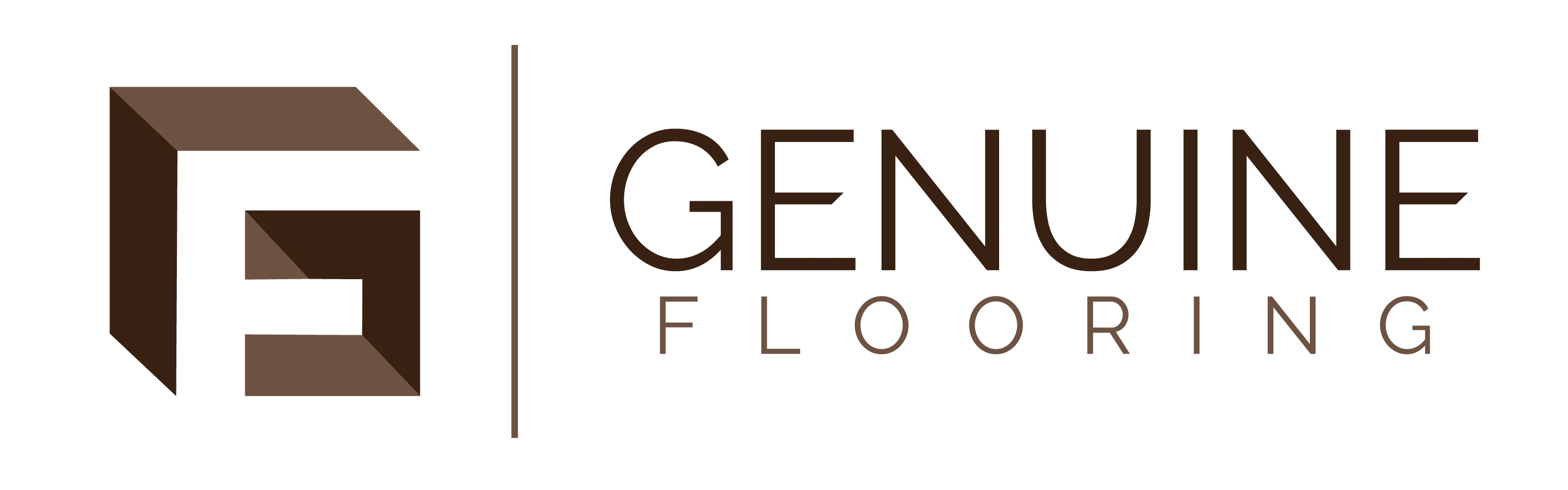 Geometric brown logo with 'G' mark and 'Genuine Flooring' text in modern sans-serif font