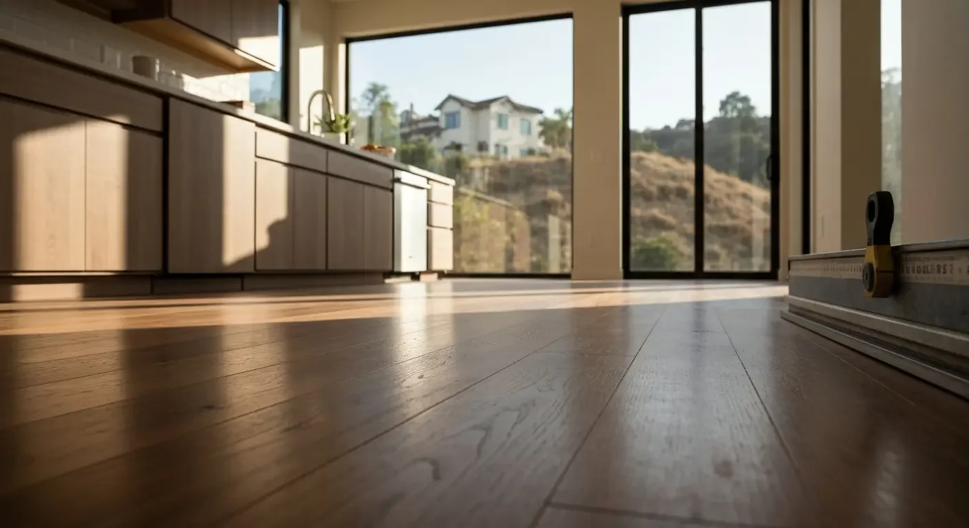 Wide-plank hardwood flooring in modern kitchen with contemporary cabinetry and large windows