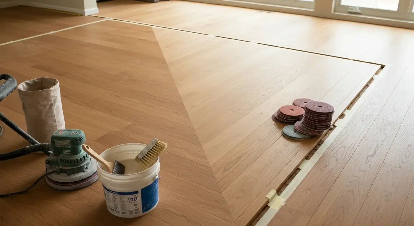 Hardwood floor herringbone pattern installation with sanding equipment and finishing materials