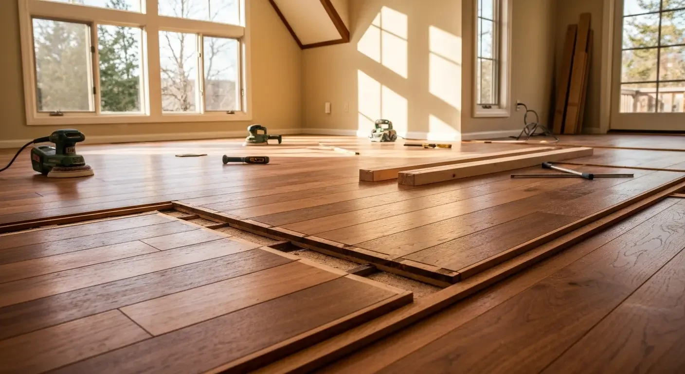 Hardwood floor installation in progress with staggered plank layout and sanding equipment