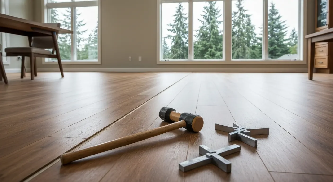 Wide-plank hardwood flooring with installation tools and metal spacers on completed floor