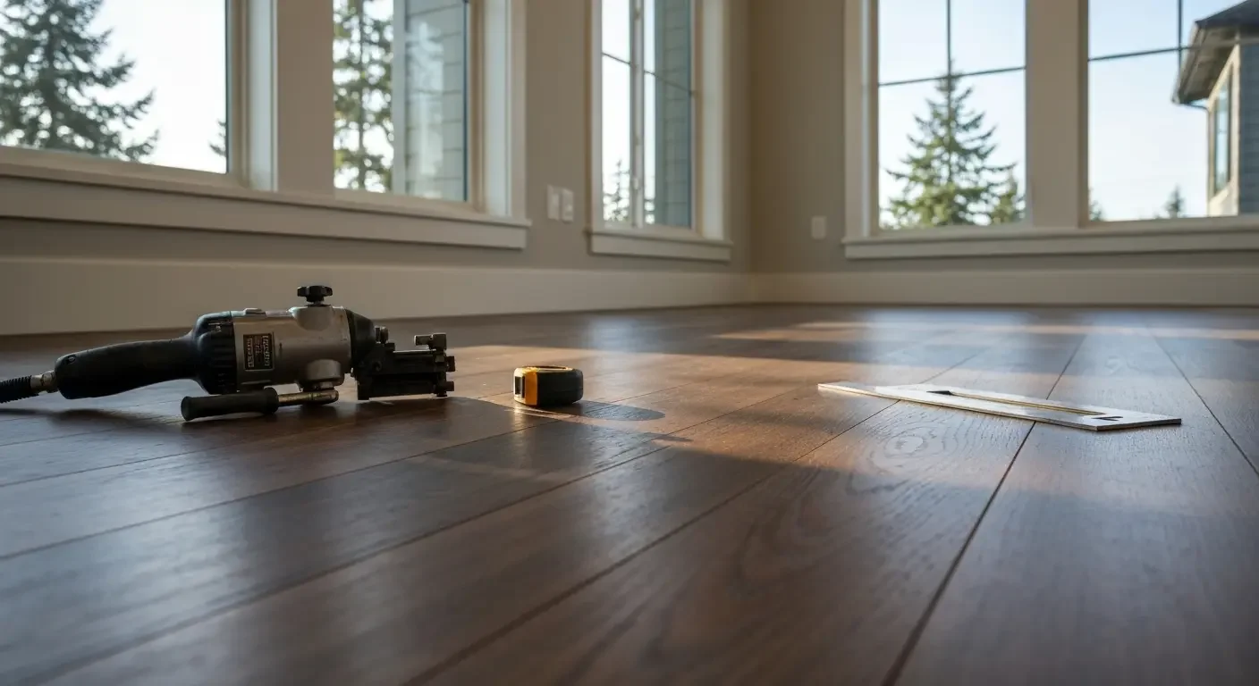 Wide-plank hardwood flooring with medium-brown stain and professional installation in bright room