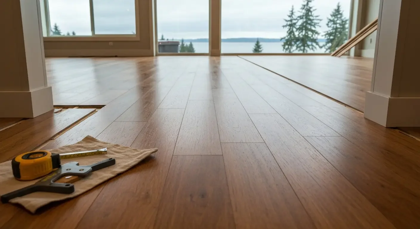 Wide-plank hardwood flooring installation with measuring tape and tools on wood subfloor