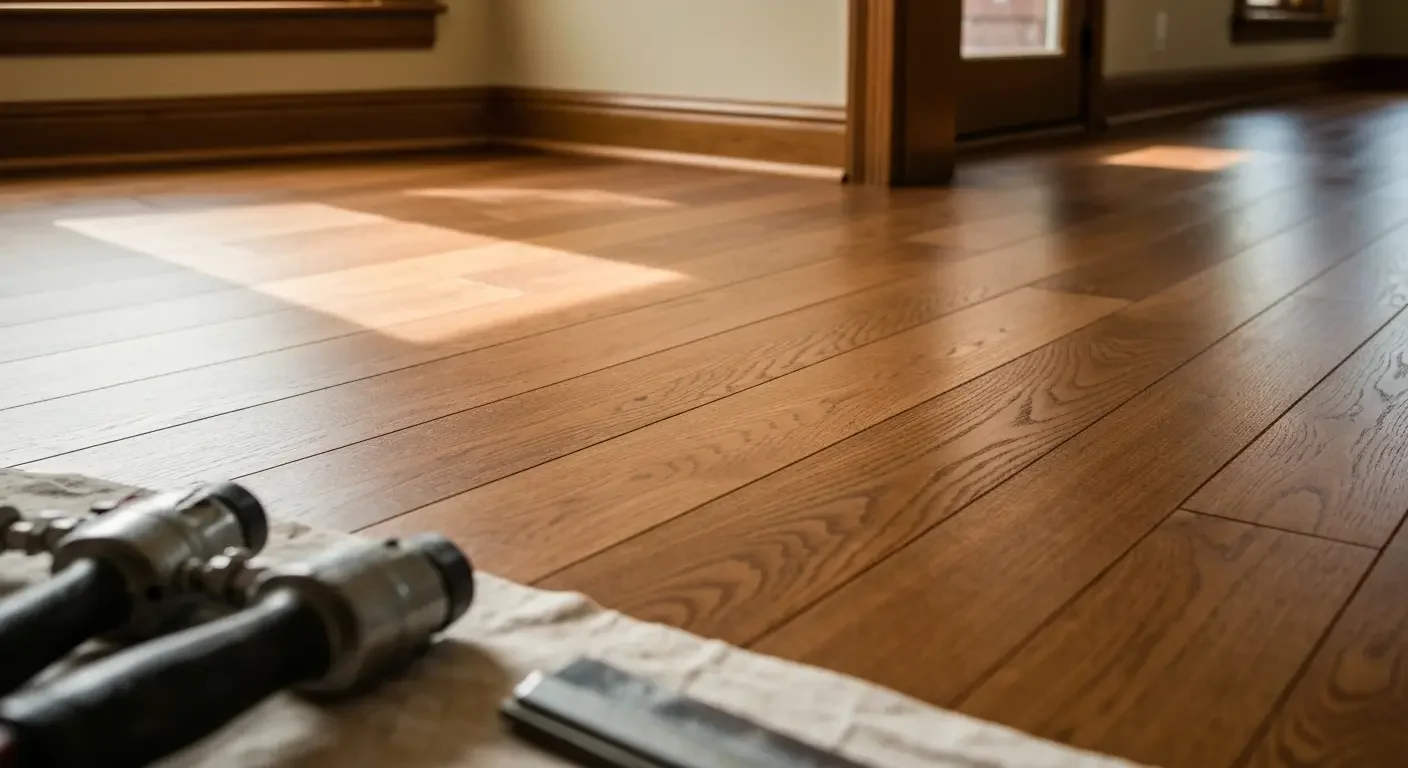 Newly installed solid oak hardwood flooring with straight plank layout and professional finish