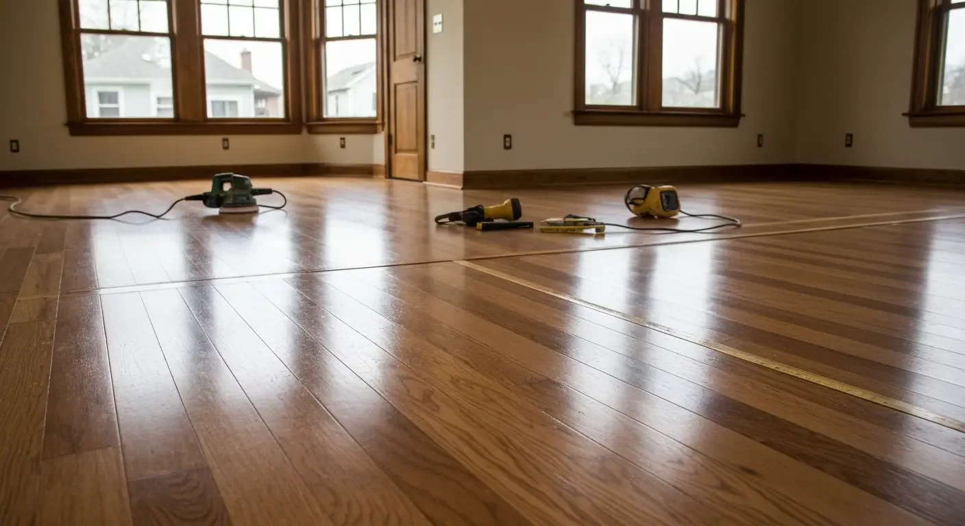 Wide-plank hardwood flooring with satin finish, professional sanding equipment on site