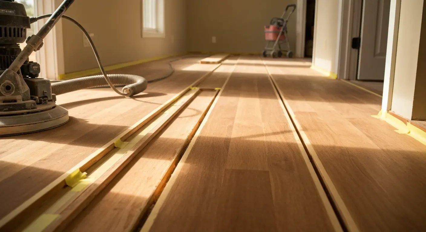Hardwood floor sanding and refinishing with orbital equipment and protective tape setup