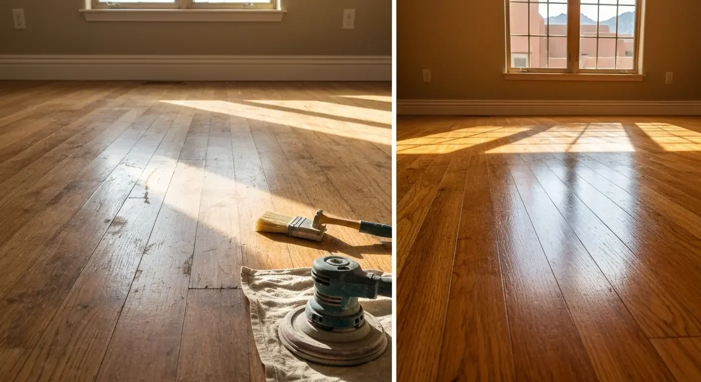 Before and after hardwood floor refinishing with orbital sander and stain application