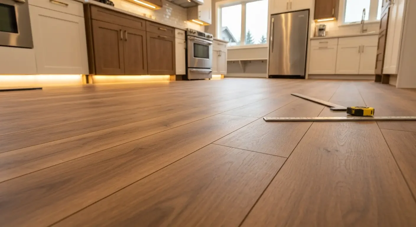 Medium-tone hardwood plank flooring in kitchen with stainless steel appliances and under-cabinet lighting